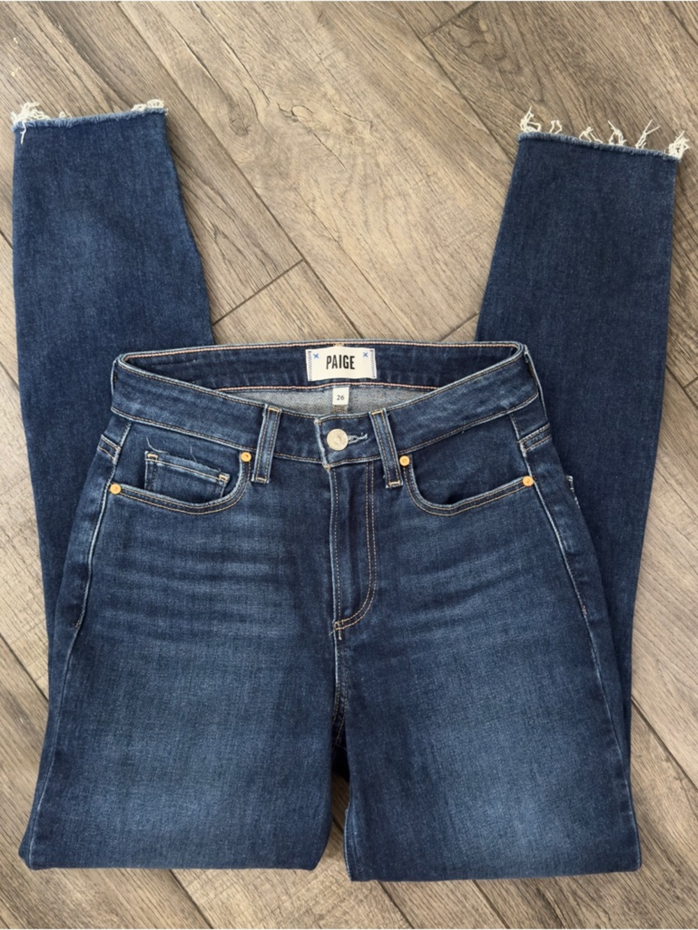 PAIGE High-Rise Dark Indigo Frayed Hem Jeans